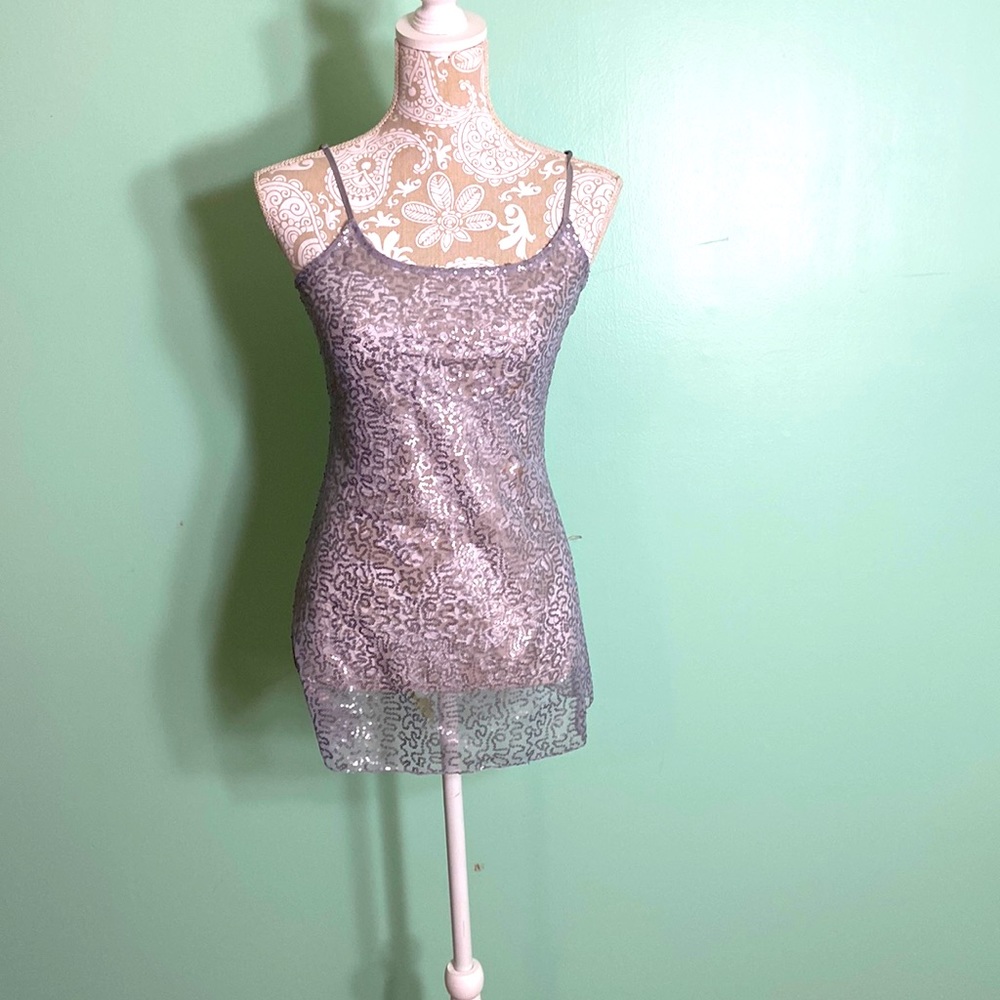 Belle du jour Sheer silver grey sequin long tank top